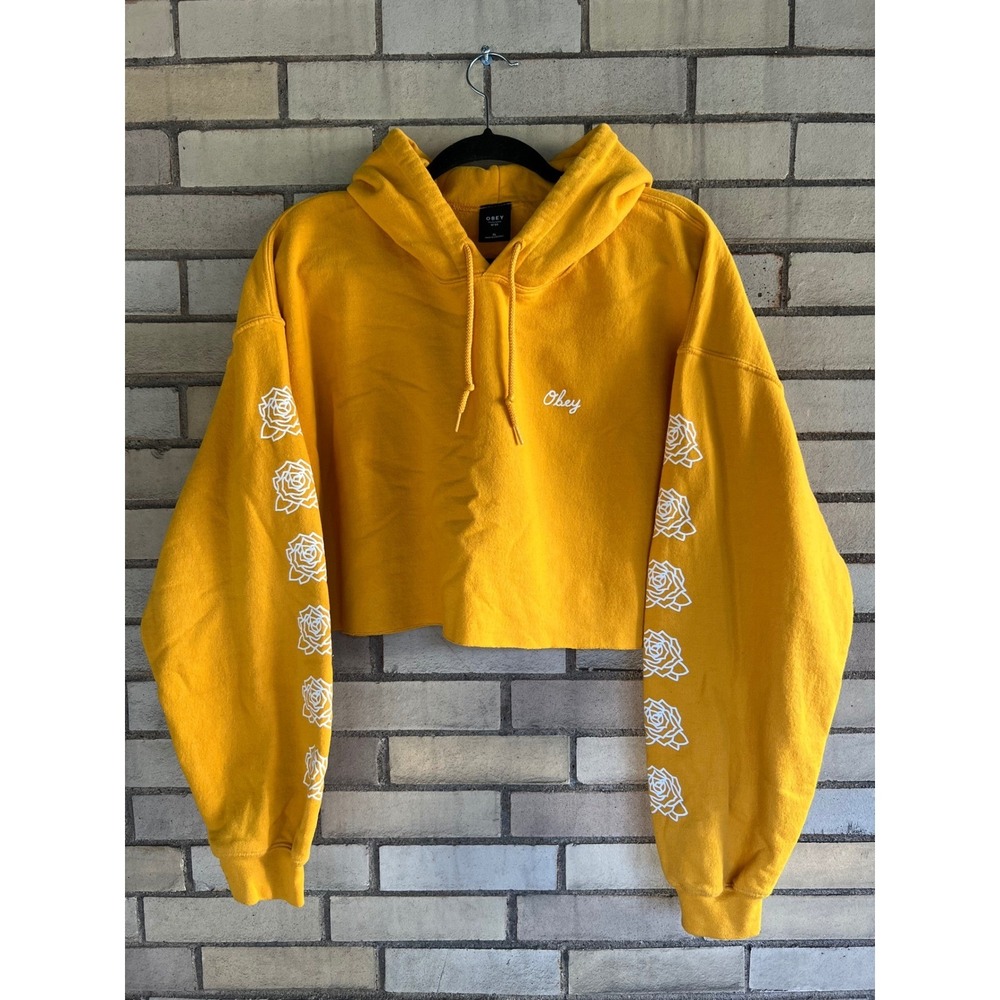 Obey Propaganda Yellow Rose Sleeve Graphic Cropped Hoodie Size XL